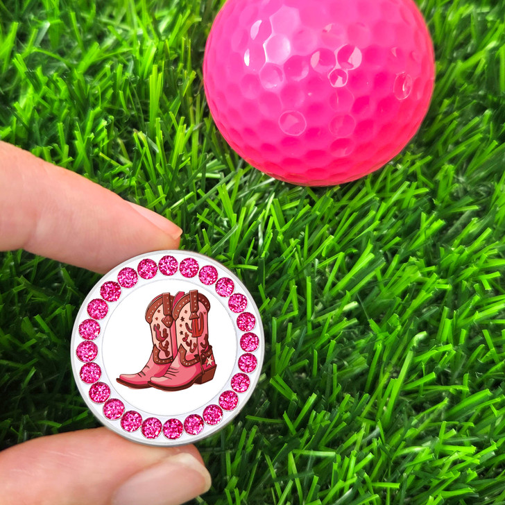 Pink Cowgirl Boots Glitzy Ball Marker with Hat Clip
