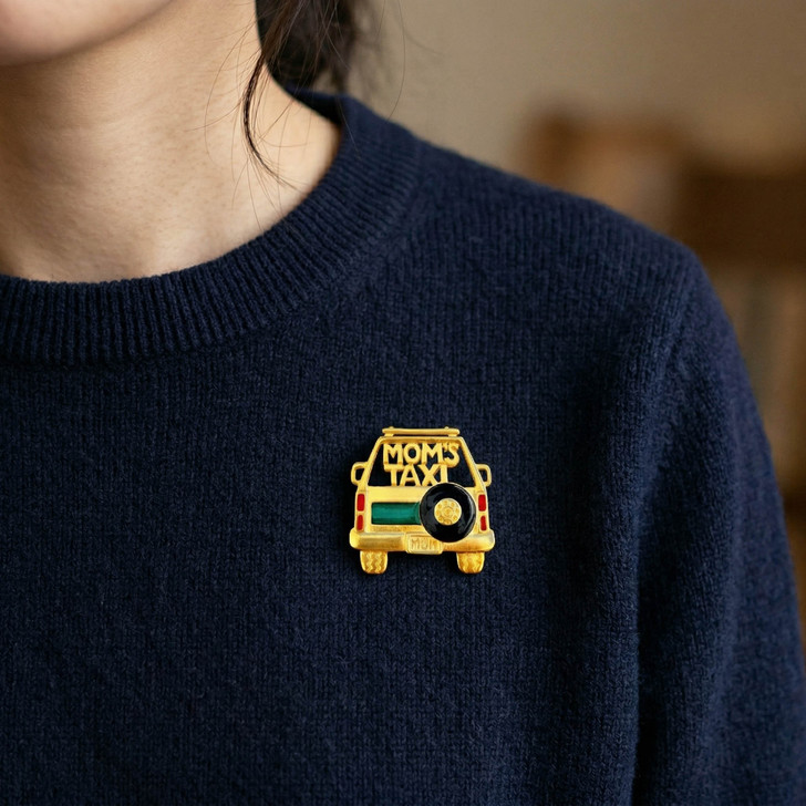 Gold Mom's Taxi Enamel Pin | Retro Van Lapel Brooch