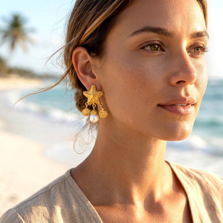 Matte Gold Starfish Drop Clip On Earrings with Shells and Pearl