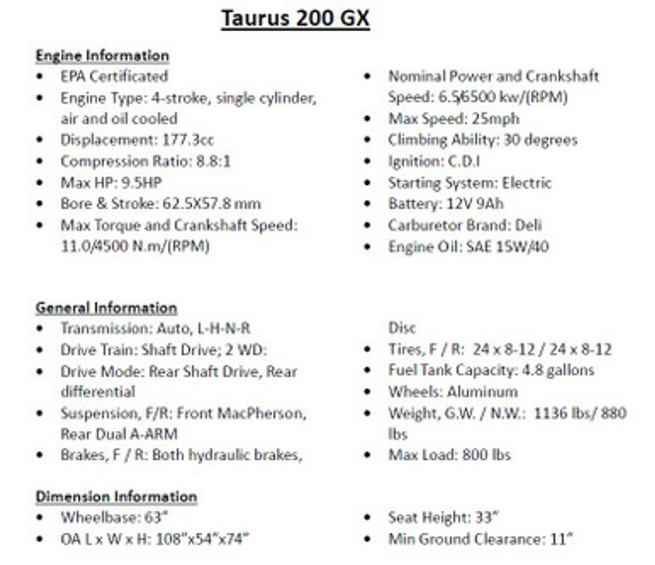 Trailmaster Taurus 200GX UTV, 4-Stroke, Single Cylinder, Air and Oil Cooled - Specs