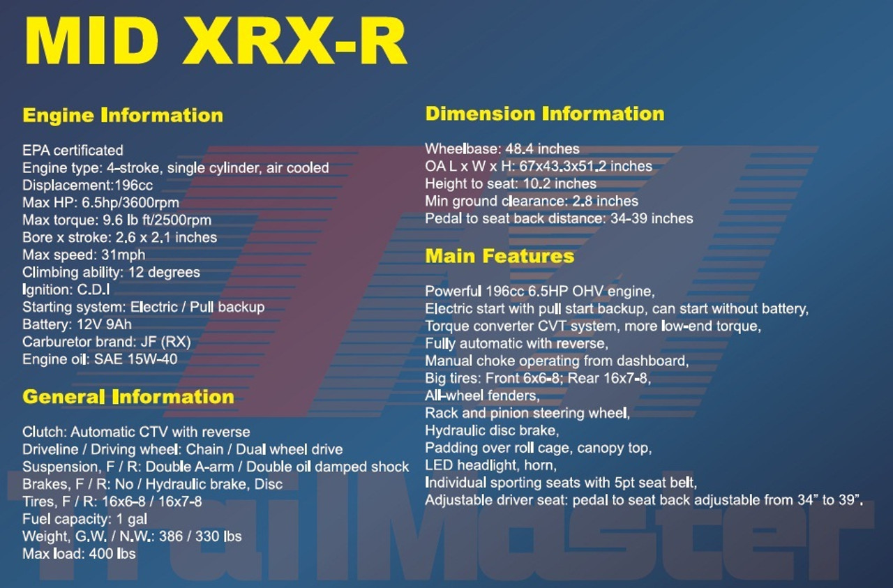 TrailMaster Mid XRX/R, 4-Stroke, Single Cylinder, Air Cooled Go Kart - Specs