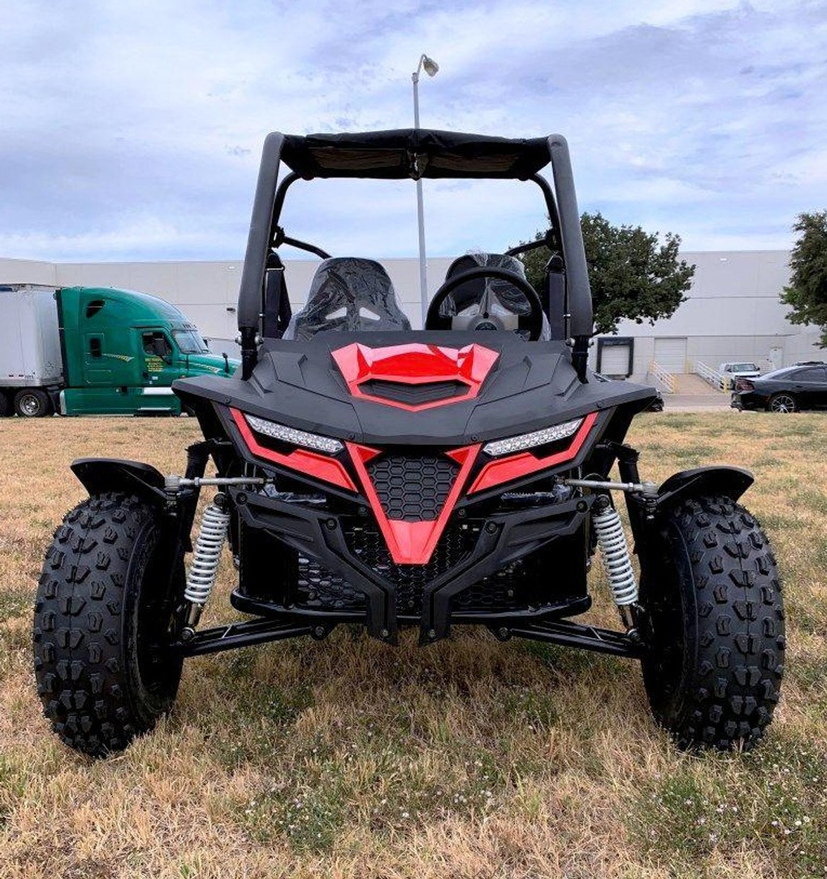 Trailmaster Cheetah 200 Go kart, Upgraded rear end, high back seats, Full Welded Roll Cage - Red Front Side view