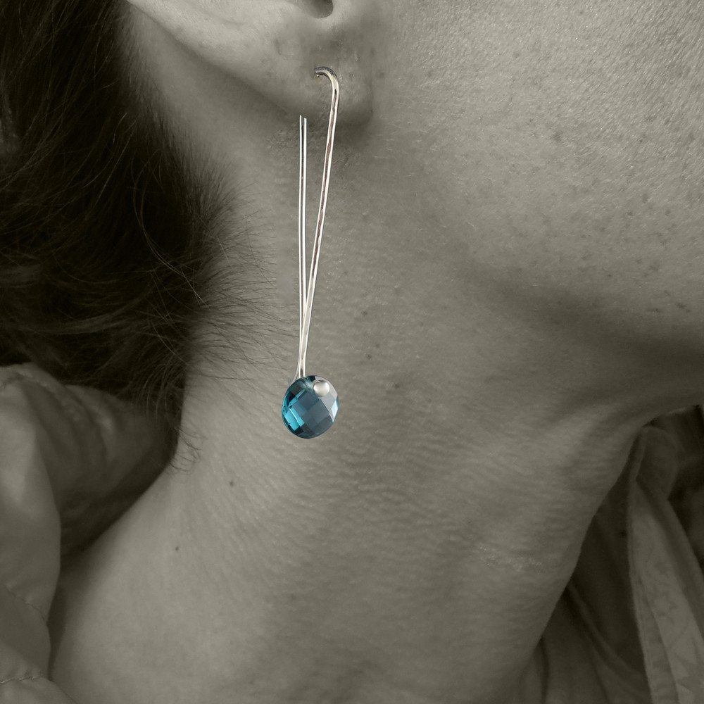 London Blue Topaz solo Cutie pie" faceted coin cut on our signature handmade Argentium Sterling ear wire, just under 2" from top to bottom