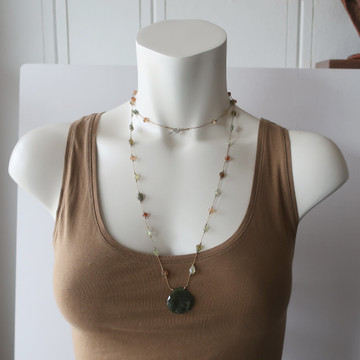 RTS bust duster necklace -  green garnet pendant  38"