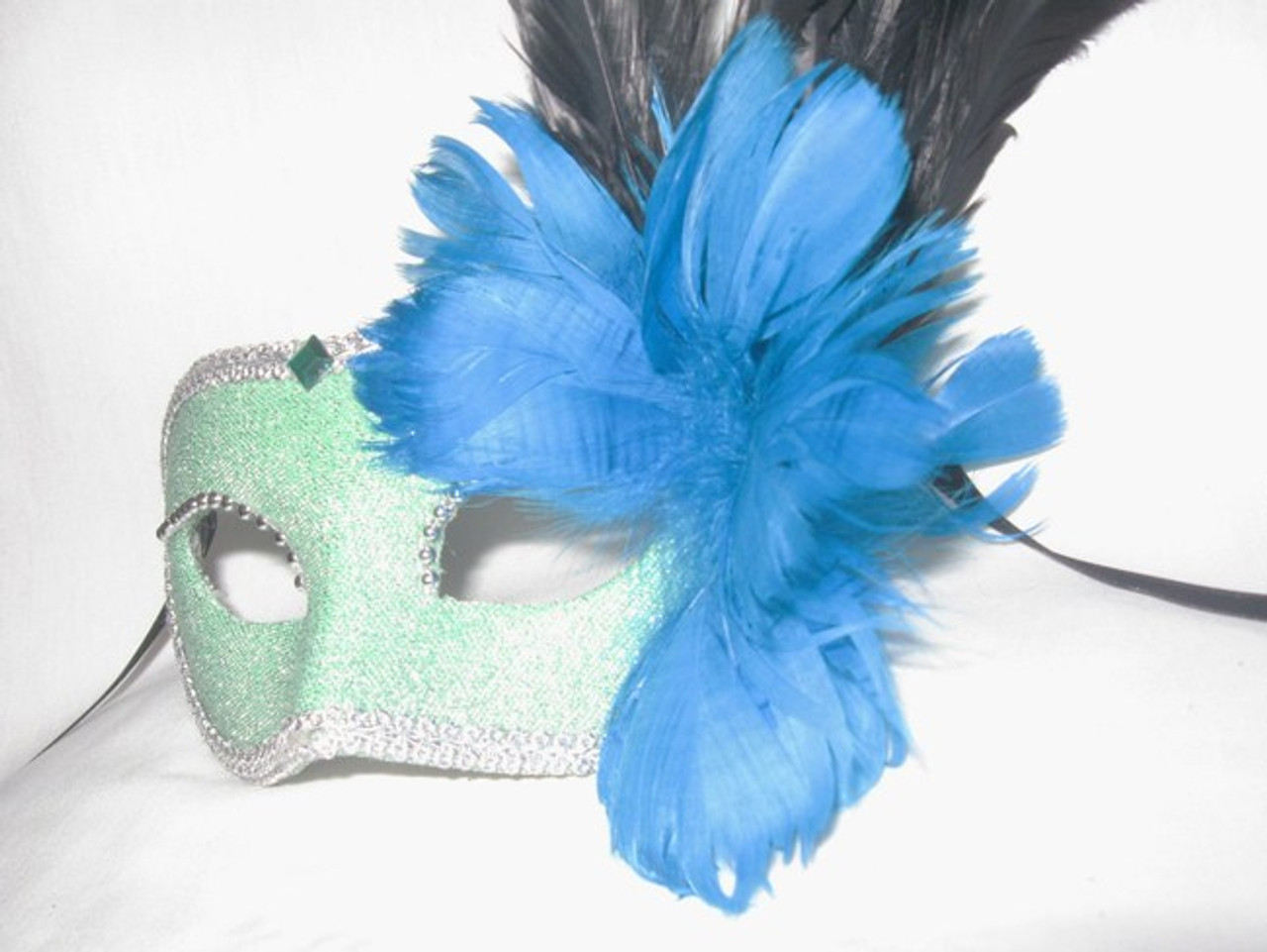 Blue Fabric Venetian Feather Paper Mache Mask SKU 7F - VENICE BUYS