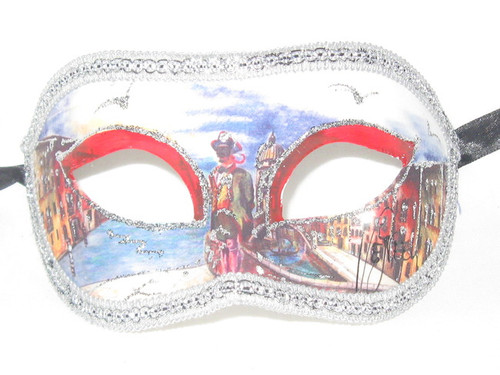 Red and Silver Colombina Design Venetian Masquerade Mask SKU 020drs