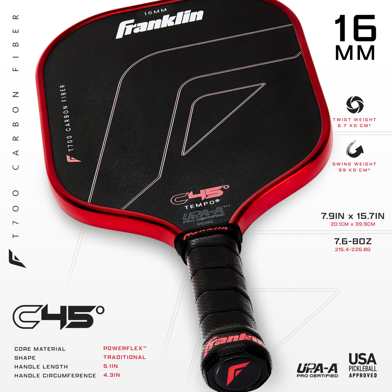 Franklin Sports C45 Carbon Fiber Pickleball Paddle (Tempo, 16mm