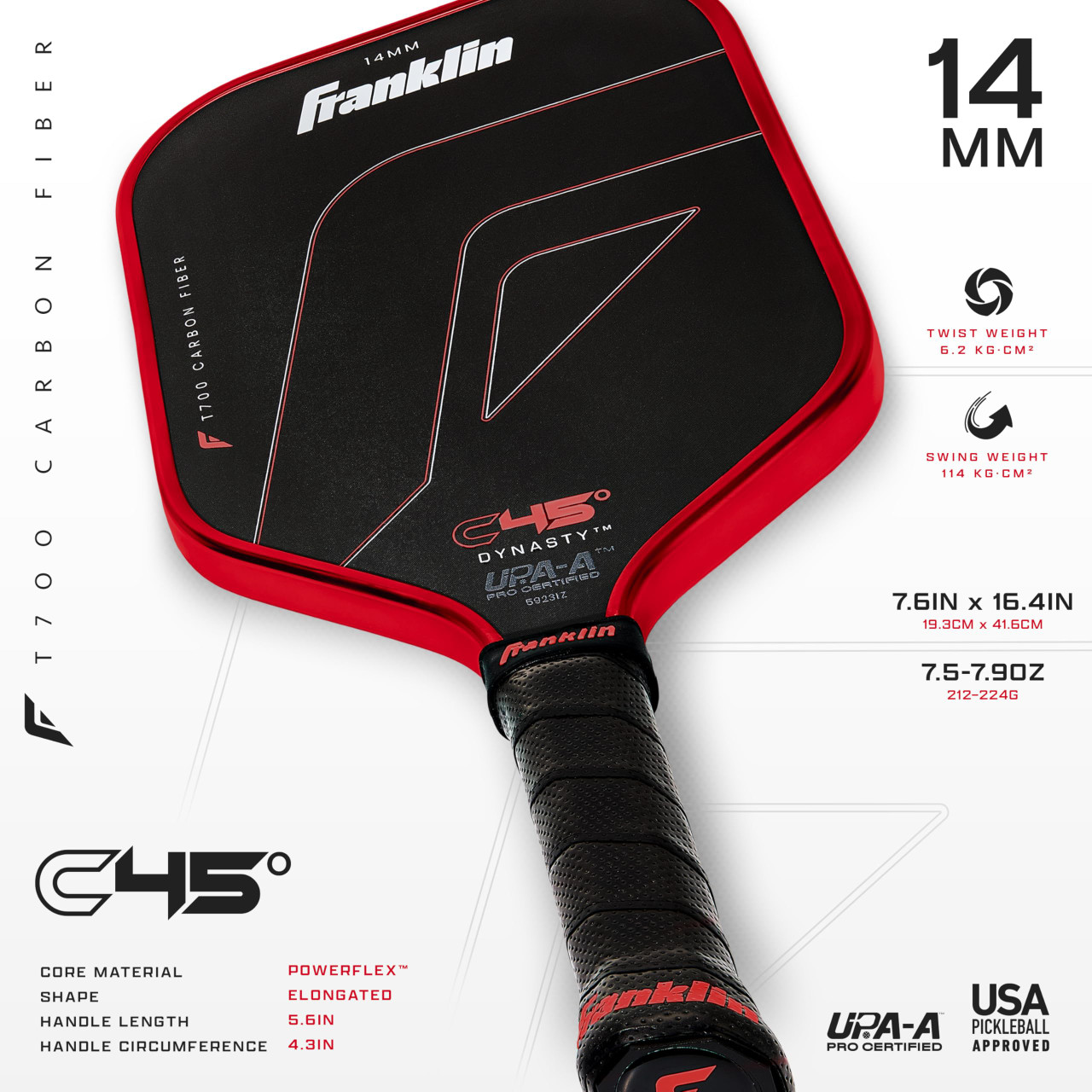 Franklin Sports C45 Carbon Fiber Pickleball Paddle (Dynasty, 14mm