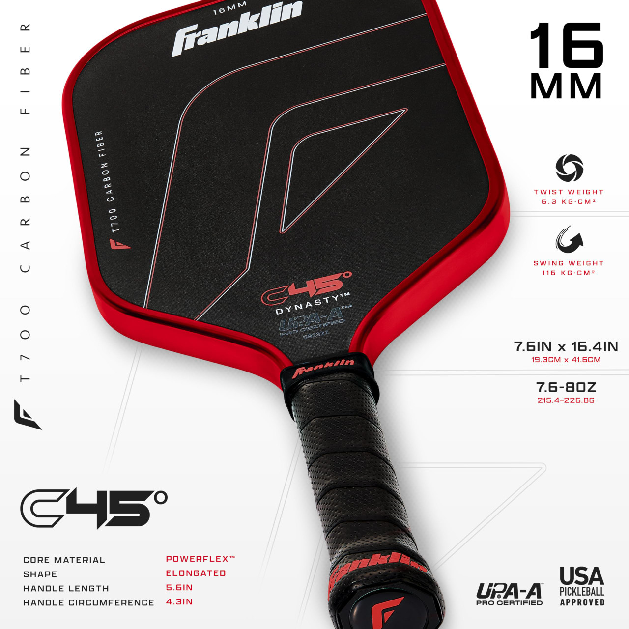 Franklin Sports C45 Carbon Fiber Pickleball Paddle (Dynasty, 16mm