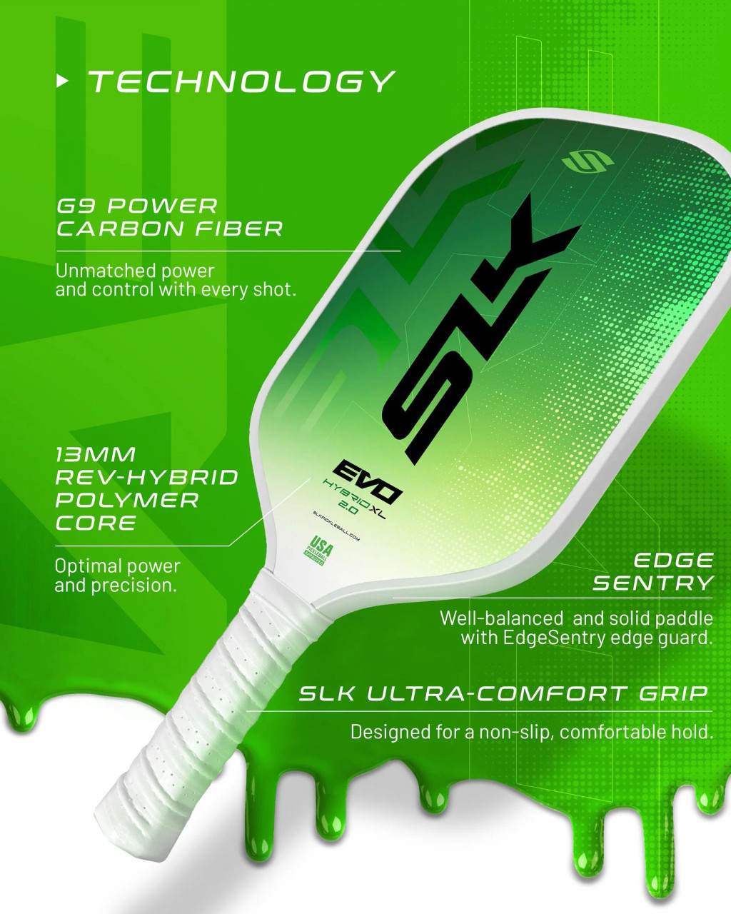 SLK Evo Hybrid 2.0 XL Pickleball Paddle (Green) - paddlepro