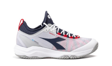 Diadora Men's Speed Blushield Fly 4+ All Ground Tennis Shoe  (White/Blue/Fiery Red)