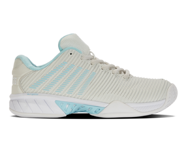 K-Swiss Women's Hypercourt Express 2 Tennis Shoe (Vaporous Gray/White/Blue Glow)