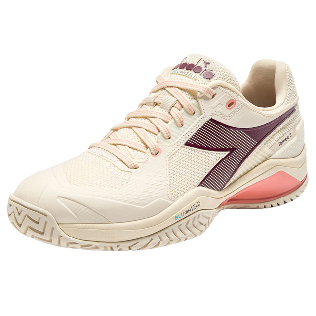 Diadora Women's Blushield Torneo 3 All Ground Tennis Shoe. (Whisper White/Maroon Banner/Desert Flower)