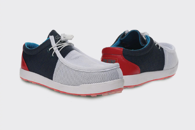 SKONI Men's Spikeless | Slip On | Lightweight | Golf Shoe. (White/Red/Blue)