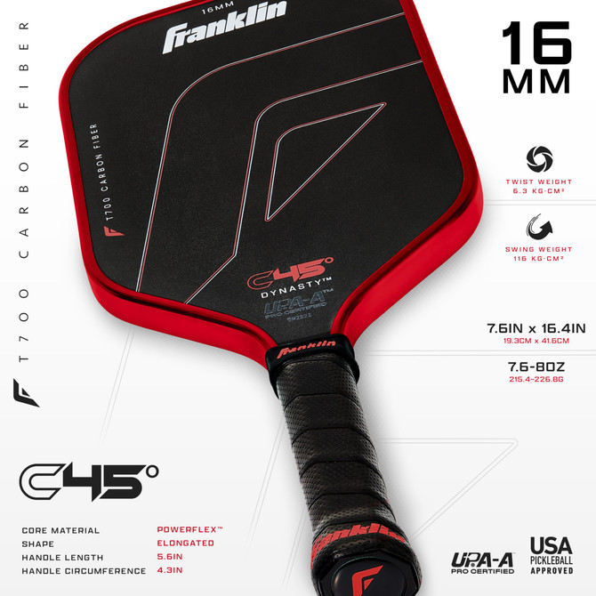 Franklin Sports C45 Carbon Fiber Pickleball Paddle (Dynasty, 16mm, Red)