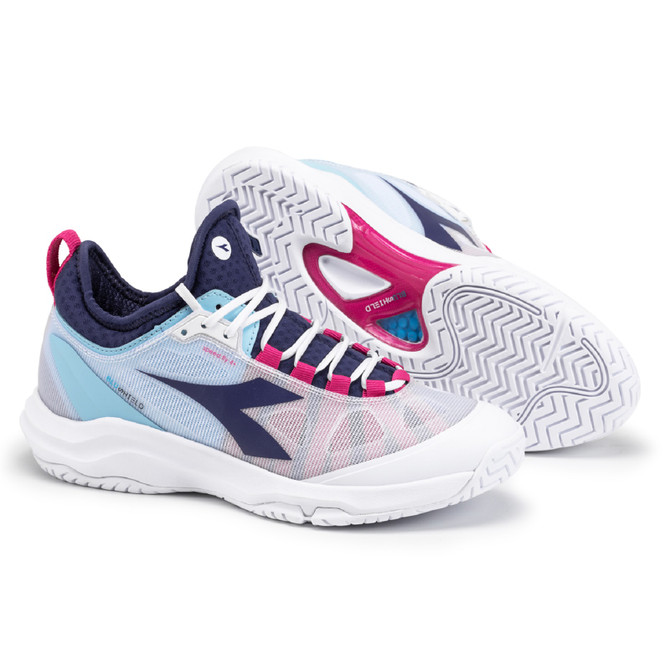 Diadora Women's Speed Blushield Fly 4+ All Ground Tennis Shoe (Size 11.5 White/Blueprint/Pink Yarrow) (No Original Box)