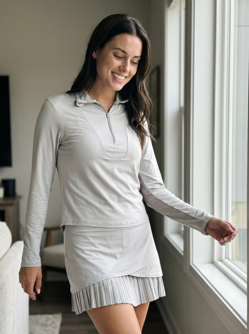 Lucky in Love Women’s Free Play Zip Long Sleeve Top – UPF 50+ LUV Lightweight Mock Neck Athletic Shirt with Mesh Panels   