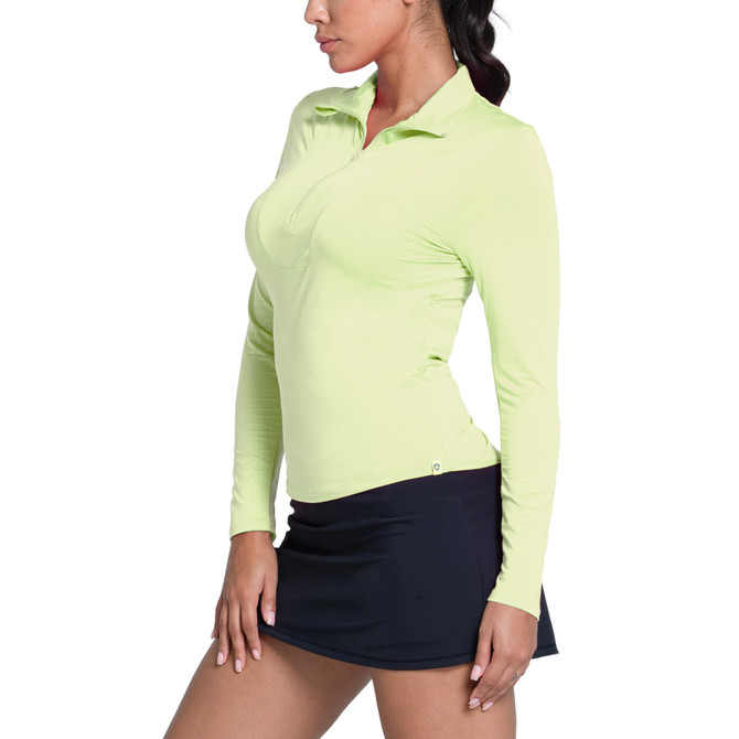 Lucky in Love Women’s Free Play Zip Long Sleeve Top – UPF 50+ LUV Lightweight Mock Neck Athletic Shirt with Mesh Panels   