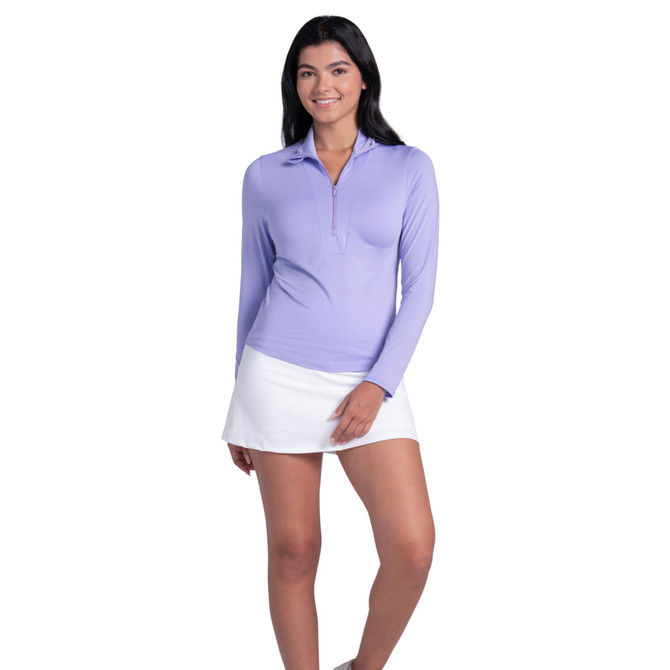 Lucky in Love Women’s Free Play Zip Long Sleeve Top – UPF 50+ LUV Lightweight Mock Neck Athletic Shirt with Mesh Panels   