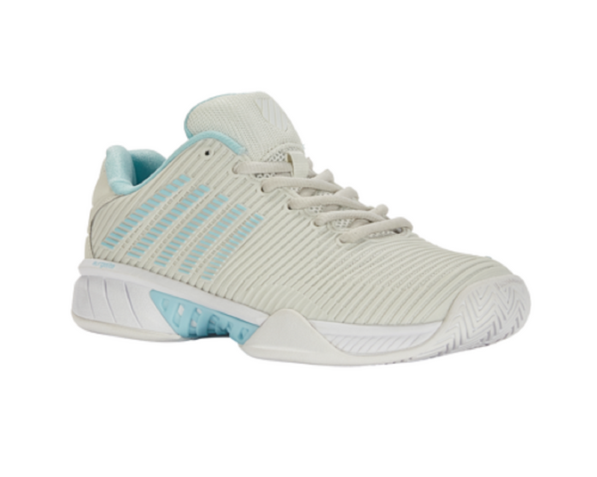 K-Swiss Women's Hypercourt Express 2 Tennis Shoe (Vaporous Gray/White/Blue Glow)