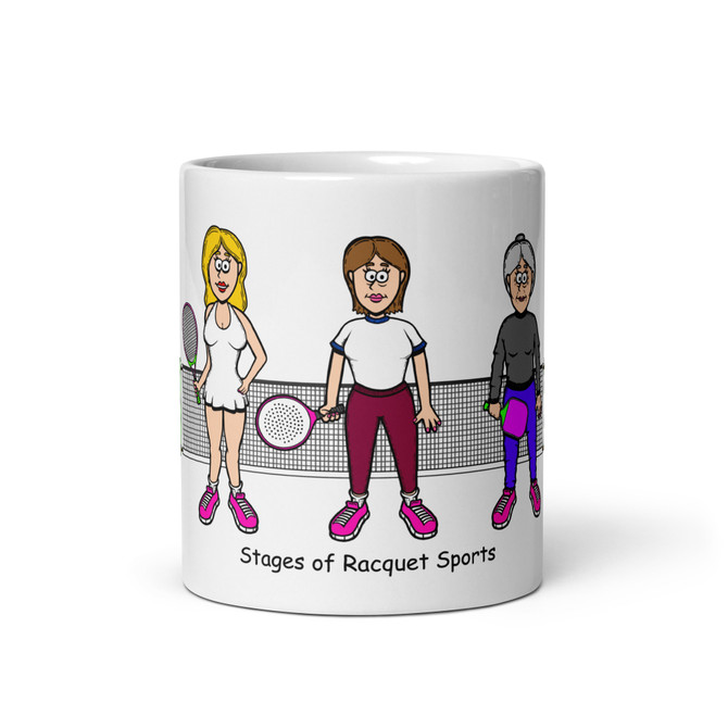 "Stages of Racquet Sports - Female" White glossy mug