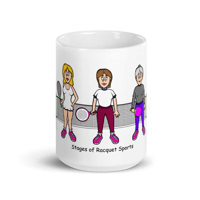 "Stages of Racquet Sports - Female" White glossy mug