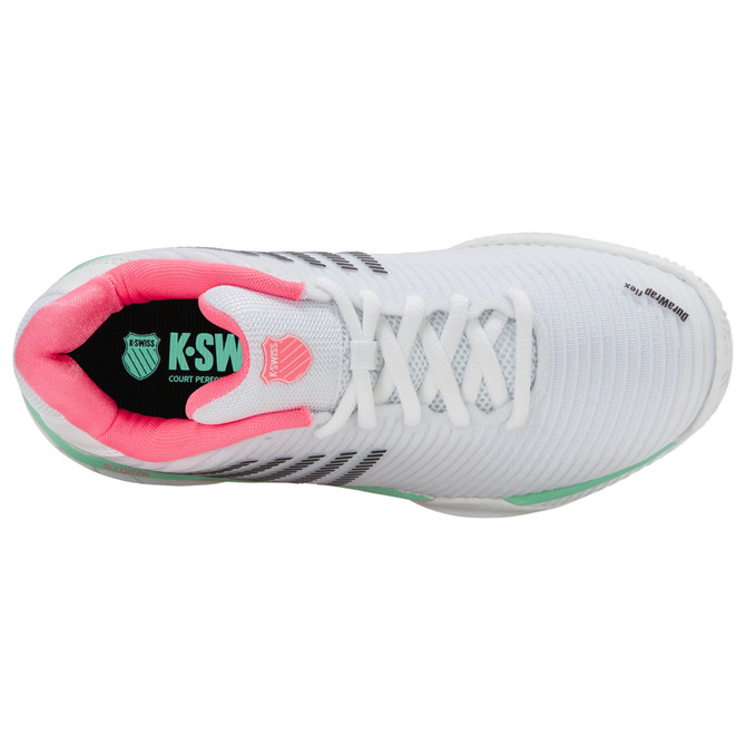 K-Swiss Women's Hypercourt Express 2 HB Clay Tennis Shoe (White/Neon Pastel Pink/Black).
