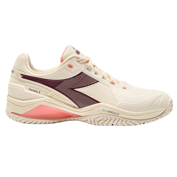 Diadora Women's Blushield Torneo 3 All Ground Tennis Shoe. (Whisper White/Maroon Banner/Desert Flower)
