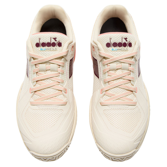 Diadora Women's Blushield Torneo 3 All Ground Tennis Shoe. (Whisper White/Maroon Banner/Desert Flower)