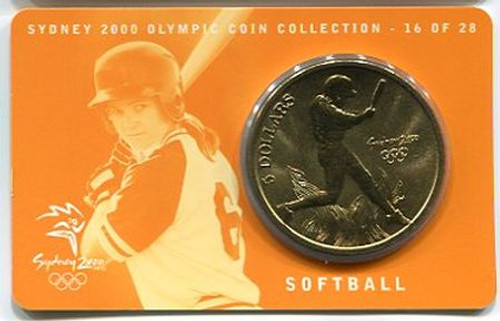 2000 $5 Sydney Olympics Carded Coin – Softball 16 Of 28