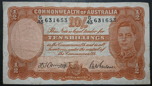 1942 Ten Shillings Banknote. Armitage - McFarlane R13. G43 631653