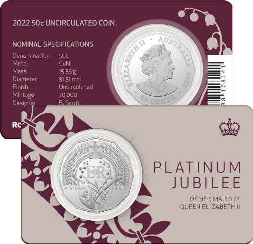 2022 Platinum Jubilee 50 Cent coin in card 2022 Platinum Jubilee 50 Cent coin in card