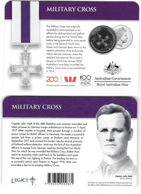 2017 Legends of ANZACs - Military Cross 20 Cent coin in card 2017 Legends of ANZACs - Military Cross 20 Cent coin in card