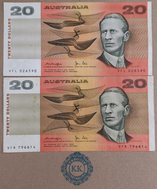 1979 Knight/Stone 2 x $20 Banknotes OCRB serials