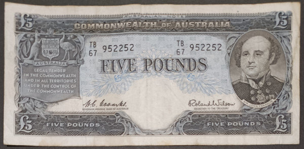 1960 £5 Coombs/Wilson Five Pound Banknote Reserve Bank TB67952252 