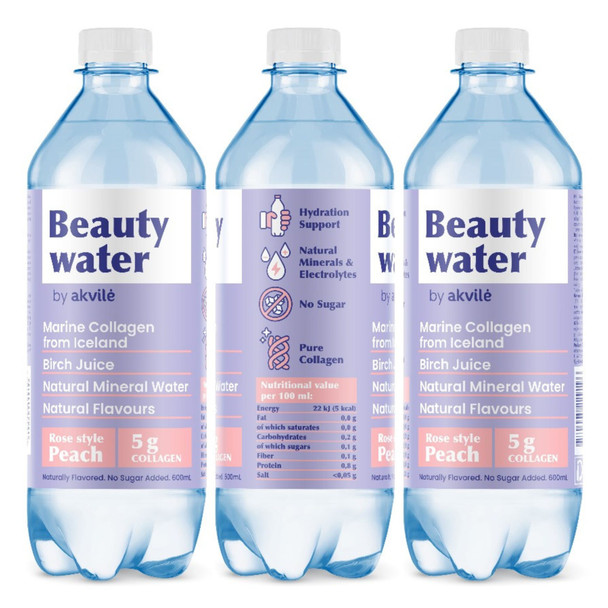 Akvile Beauty Water funktionelles Getränk 600ml PET-Flasche mit Kollagen, feuchtigkeitsspendendes Schönheitsgetränk für gesunde Haut und Wellness, Premium Funktionswasser