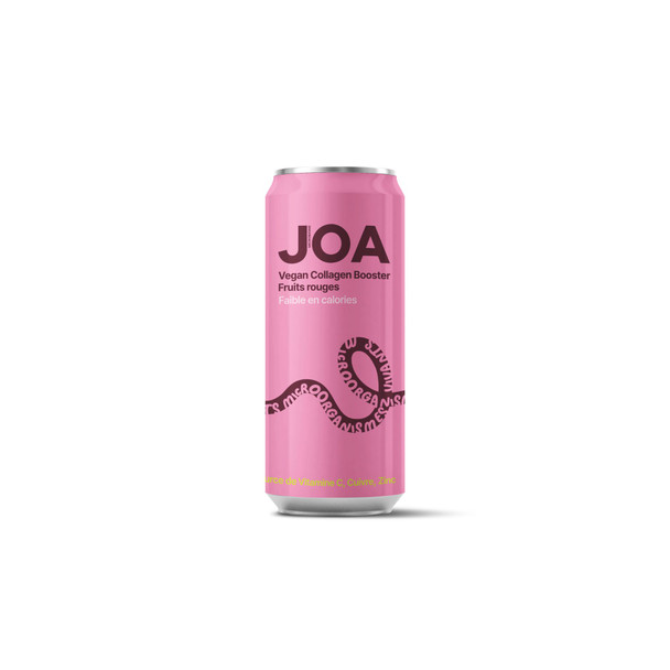JOA Vegan Collagen Booster Red Berries, bevanda probiotica con vitamina C, zinco e rame per la salute della pelle, lattina da 330 ml con colture vive di Bacillus coagulans e gusto fragola e lampone, bevanda di bellezza ipocalorica prodotta in Francia, design rosa e rosso con nutrienti vegani a supporto del collagene, bevanda funzionale per la salute di capelli, pelle e unghie