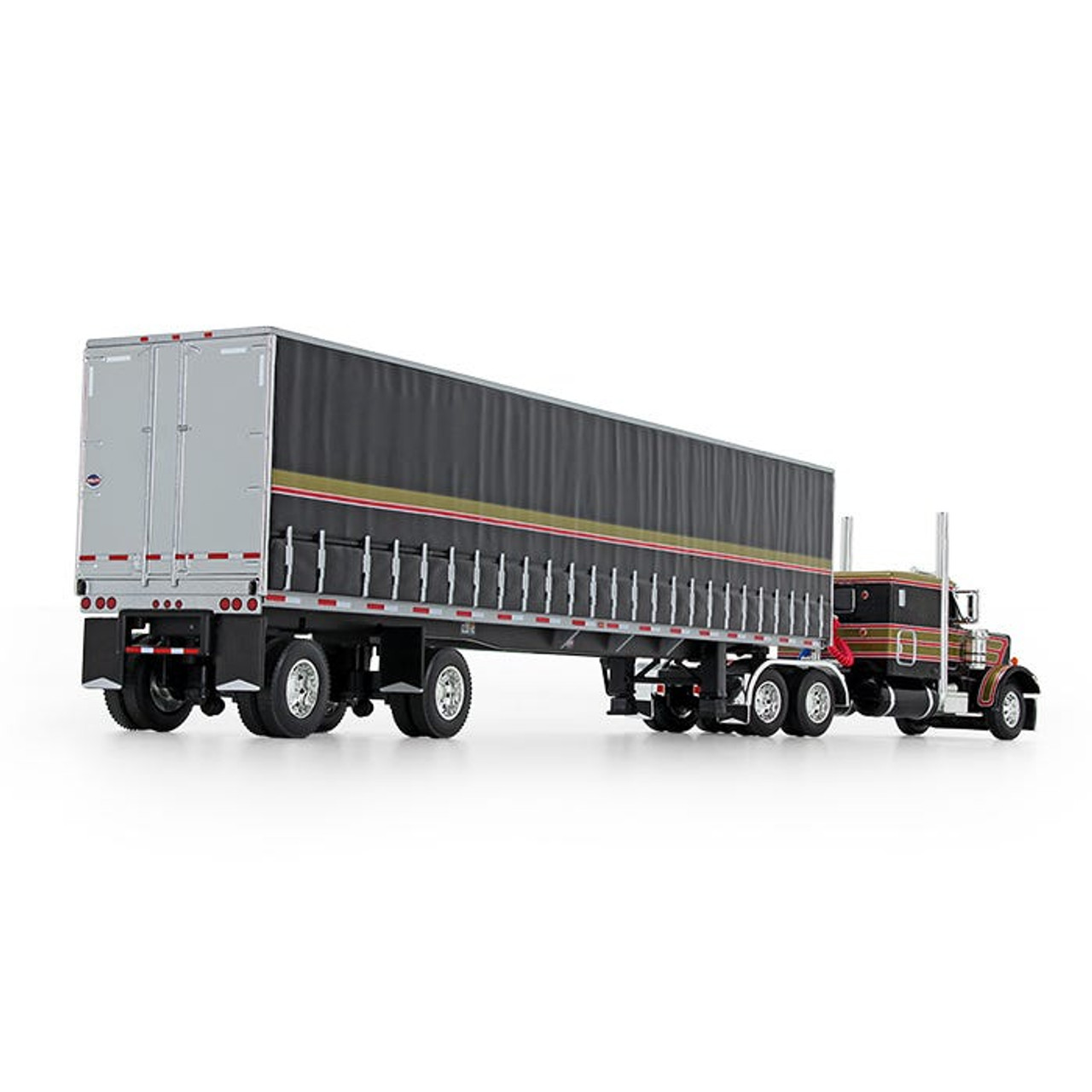 First Gear 60-0753 Peterbilt 359 with 63 Flattop Sleeper Cab with 53 ft. Utility Tautliner Spread-Axle Trailer Black with Gold & Red Stripes 1-64 Diecast Model