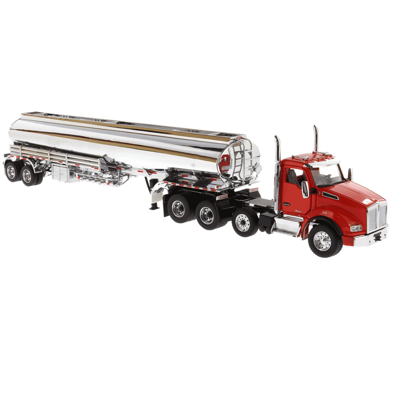 Diecast Masters Kenworth T880S SBFA Tandem Day Cab in Red with Pusher Axle  and Heil FD9300/DT-C4 Petroleum Tanker Trailer in Chrome 1/50 71102