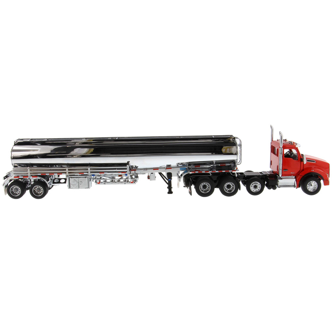 Diecast Masters Kenworth T880S SBFA Tandem Day Cab in Red with Pusher Axle  and Heil FD9300/DT-C4 Petroleum Tanker Trailer in Chrome 1/50 71102