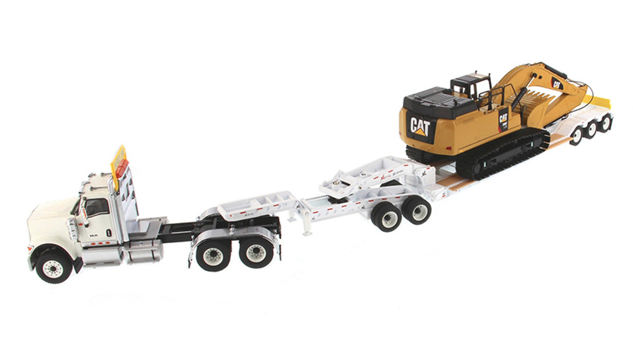 Diecast Masters International HX520 Tandem Day Cab Tractor in White with XL  120 HDG Lowboy Trailer and Cat 349F L XE Hydraulic Excavator 1/50