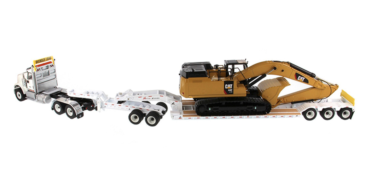 Diecast Masters International HX520 Tandem Day Cab Tractor in White with XL  120 HDG Lowboy Trailer and Cat 349F L XE Hydraulic Excavator 1/50