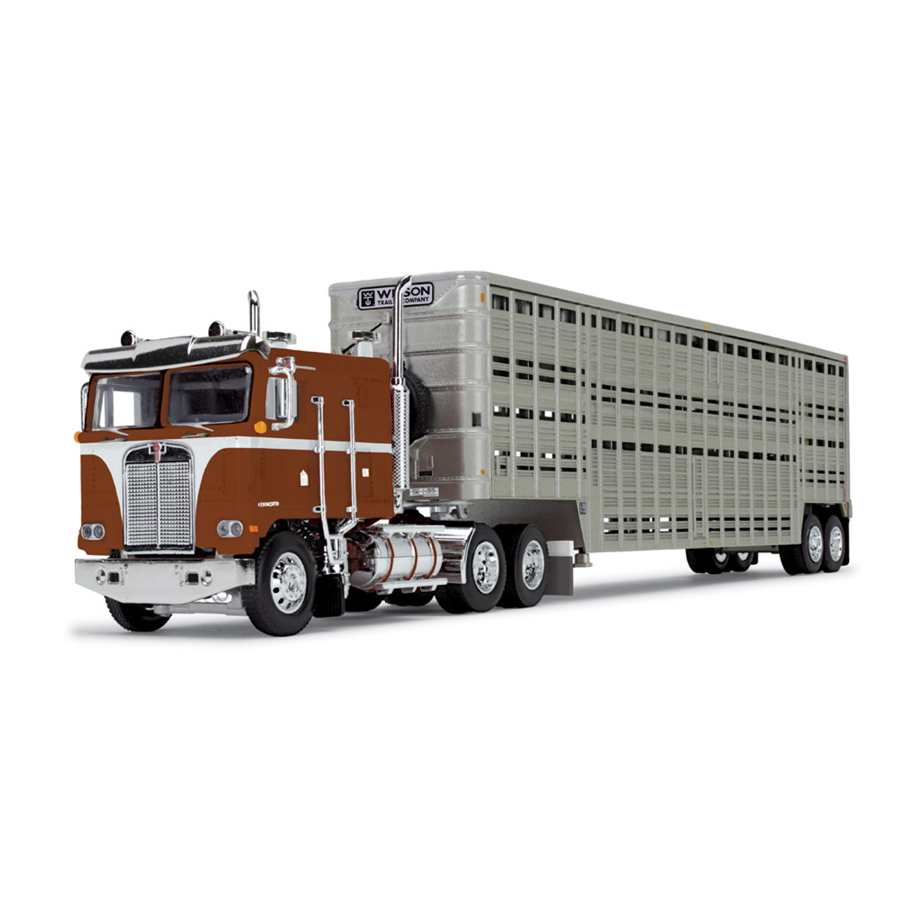 First GearKenworth K100 COE Flat Top & 45’ Wilson Vintage Livestock Trailer Brown/Silver 1:64 60-1814