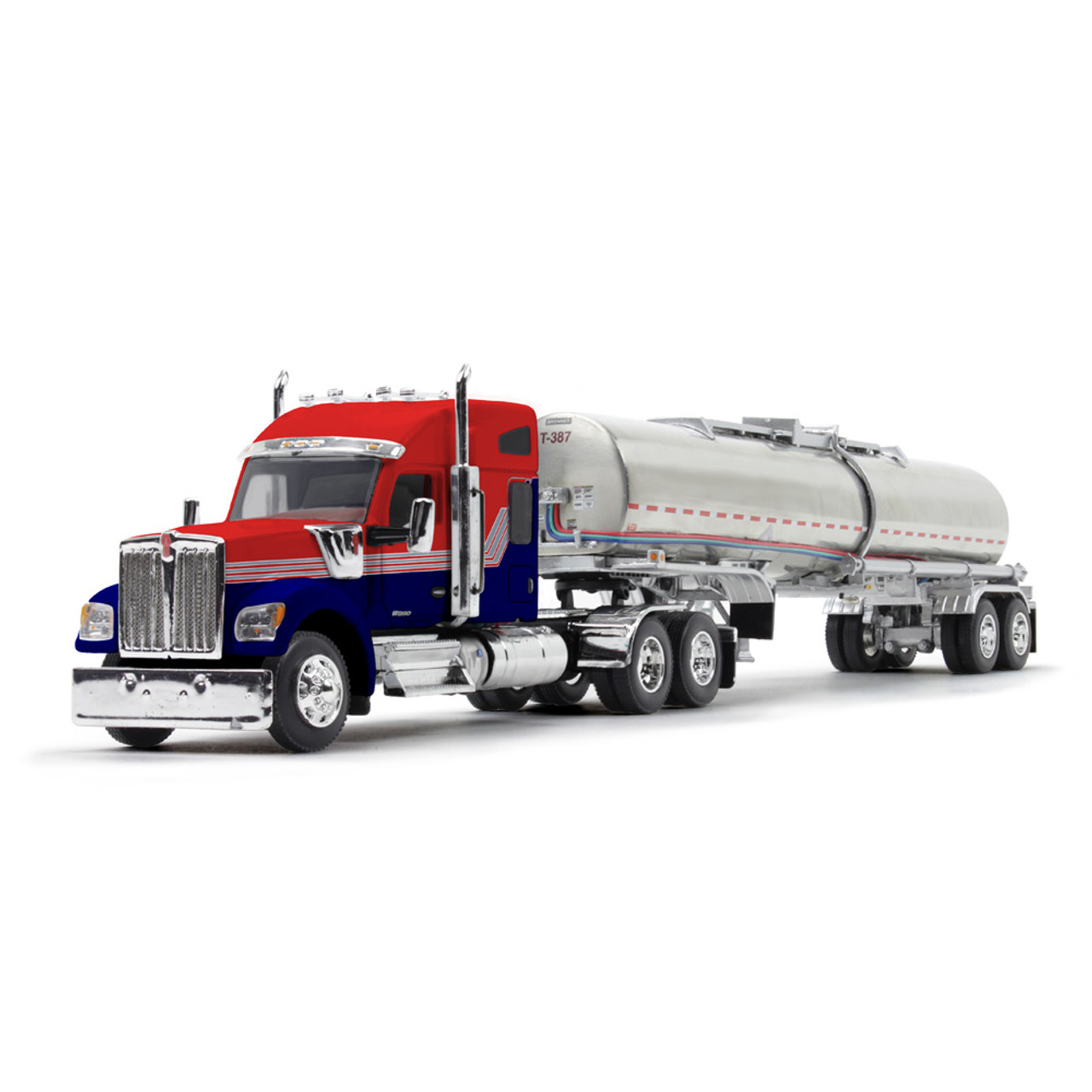First Gear Kenworth W990 with 76" Mid-Roof Sleeper & Brenner Chemical Tank Trailer Red/Navy Blue 1/64 Scale