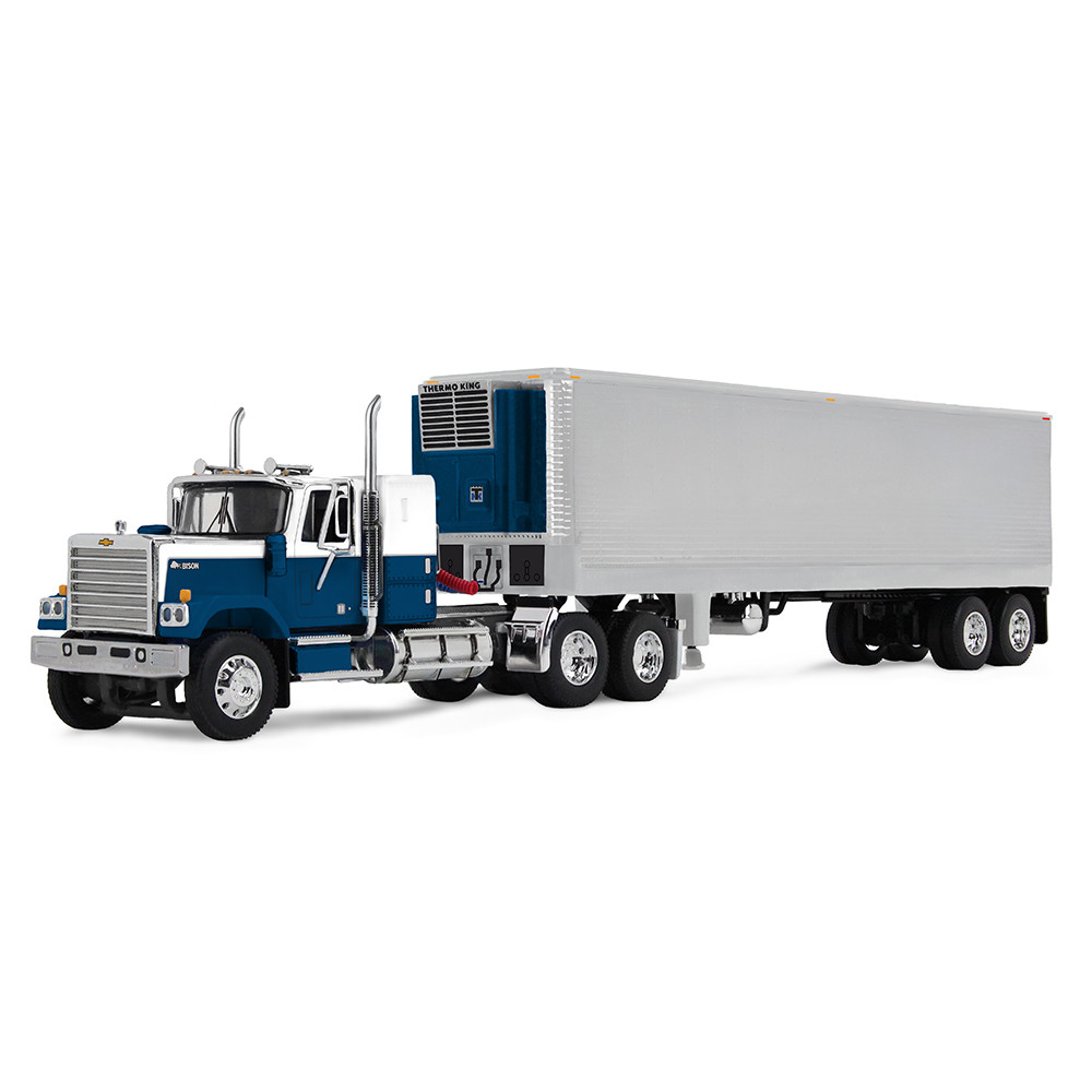 DCP by First Gear Chevrolet Bison® with 34" Flat Top Sleeper & 40' Vintage Trailer with Reefer – Blue/Chrome, 1:64 Scale Diecast 60-2345