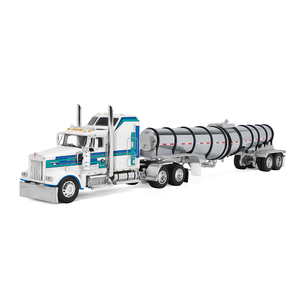DCP by First Gear Kenworth W900L with 60" Aerodyne Sleeper & Polar® Deep Drop Trailer – White/Blue, 1:64 Scale Diecast 60-2353