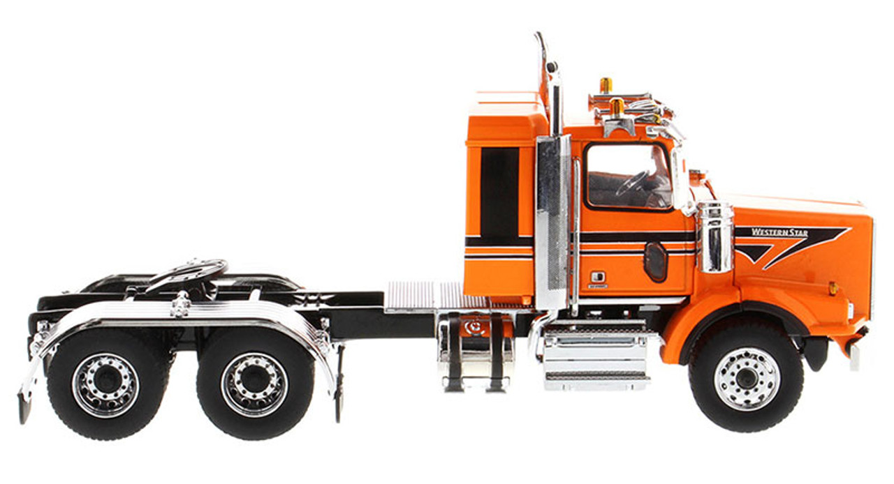 Diecast Masters Western Star 4900 SB Sleeper Tandem Tractor-  Metallic-orange cab with black stripes 1/50