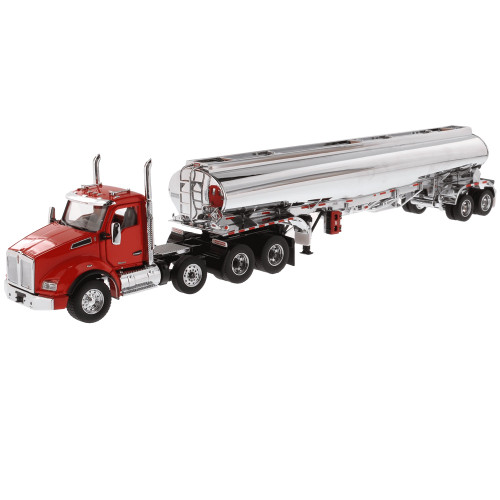 Diecast Masters Kenworth T880S SBFA Tandem Day Cab in Red with Pusher Axle  and Heil FD9300/DT-C4 Petroleum Tanker Trailer in Chrome 1/50 71102