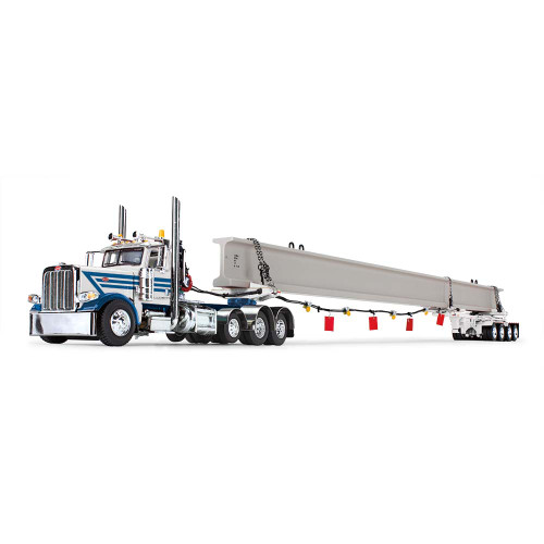 First Gear Peterbilt® Model 389 Day Cab & ERMC 4-Axle Hydra-Steer Trailer with Bridge Beam Section Load White/Blue 60-1674