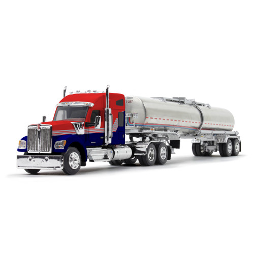 First Gear Kenworth W990 with 76" Mid-Roof Sleeper & Brenner Chemical Tank Trailer Red/Navy Blue 1/64 Scale